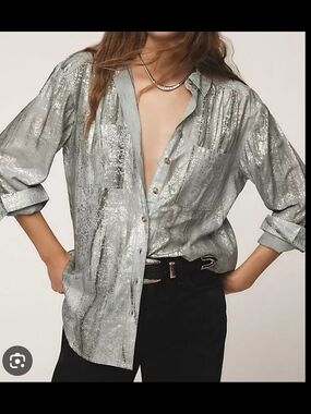 Pilcro Metallic Silver Button-Down Blouse - Size Medium